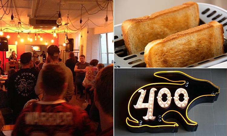 Three tiled images of the interiors of The Toast Bar, some toast and the 400 Rabbits logo