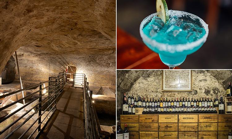 Three tiled images of some of Nottingham's caves, a blue cocktail and a cave turned into a wine cellar