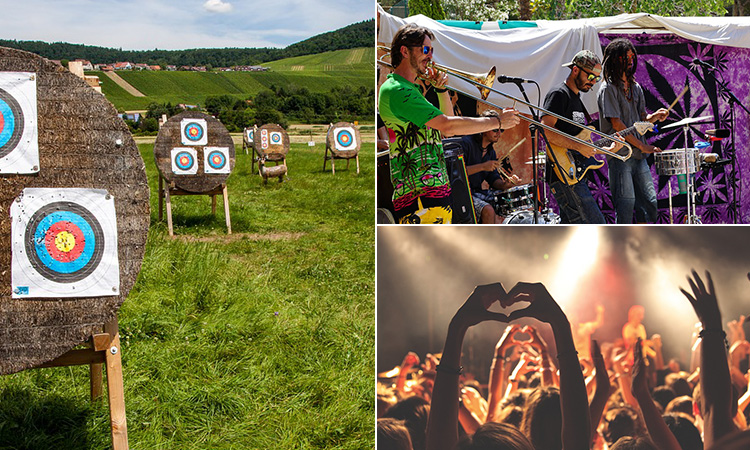 Three tiled images of a firing range, some musicians playing live music and a festival crowd