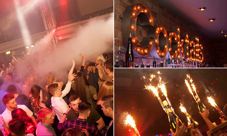 Three tiled images of some people dancing and talking in a club, some prosecco bottles with sparklers being held in the air and an illuminated cocktails sign