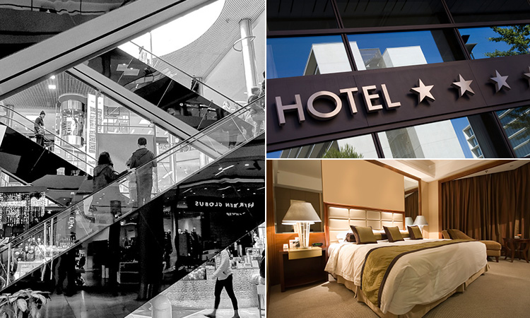 Three tiled images of a shopping centre, the exterior of a hotel and a king size bed in a hotel room