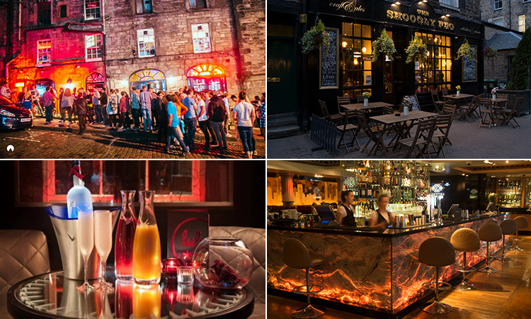 Four tiled images - including one of the bar at Shanghai club, one of the exterior of The Shoogly Peg, one of drinks on a table and one of people queuing outside Cabaret Voltaire