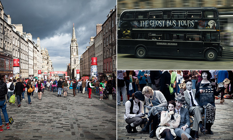 Three tiled images of Edinburgh Royal Mile during the Fringe Festival, some people dressed up and a Ghost Bus