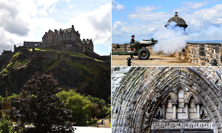 Three tiled images of Edinburgh's castle, a canon going off and the archway of a historic building