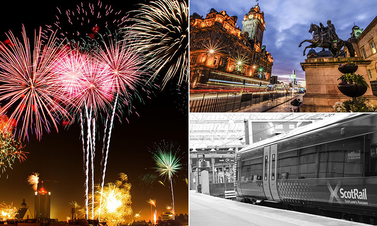 Three tiled images of fireworks, a ScotRail train and a picturesque photograph of Edinburgh