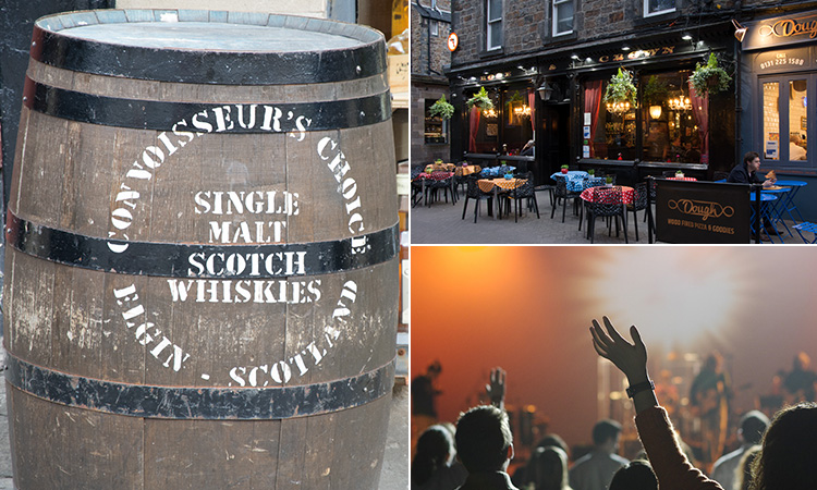 Three tiled images - one of a barrel of whisky, one of a club and one of the exterior of a traditional Edinburgh club