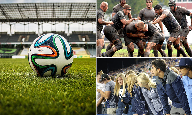 Three tiled images of a football, some people playing rugby and a crowd of young people at a sport match