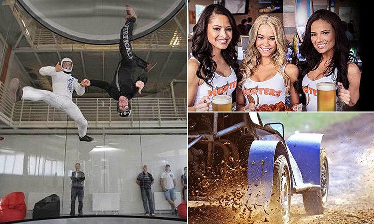 Three tiled images - including one of three Hooters waitresses, one of two men indoor skydiving and a close up of a rage buggies wheels driving through mud