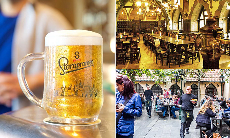 Three tiled images - including one of a full tankard beer, the interior of Ufleku brewery and people sat in a beer garden