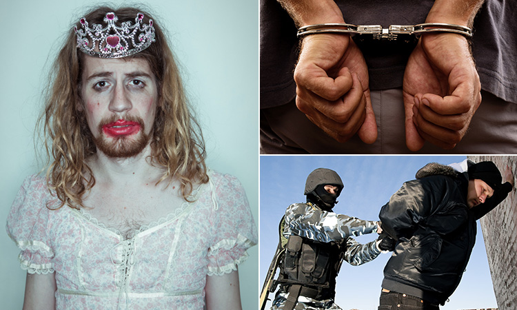 Three tiled images - including one of a man dressed in drag with makeup on, a close up of a man's hands behind his back and in handcuffs and a man being pinned against a wall by another man