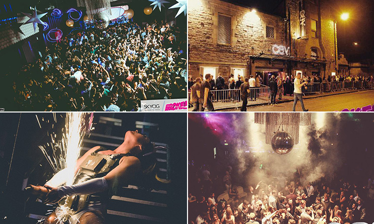 Four tiled images - including two of packed dance floors in Cav Club, one of people queuing outside the venue and one of a woman holding a giant sparkler on stage