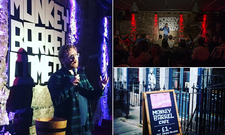 Three tiled images - including one of a man performing in stage at Monkey Barrel comedy club, one of a man holding a mic and the sign outside Monkey Barrel