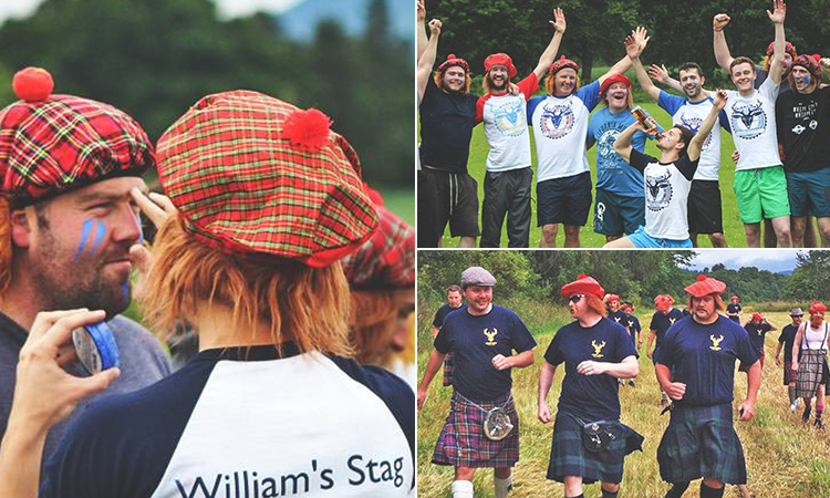 Three tiled images - including one of men in kilts and walking in a field, men cheering and a man panting the face of another man whilst wearing Scottish hats