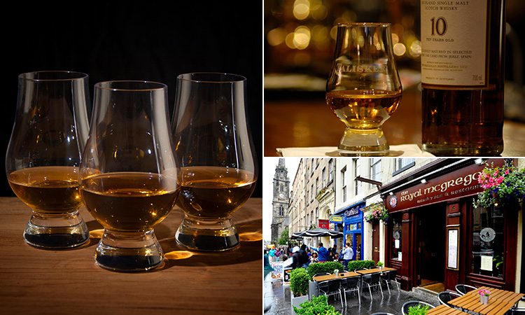 Three tiled images - including two of glasses filled with whisky, and one of the exterior of The Royal McGregor pub