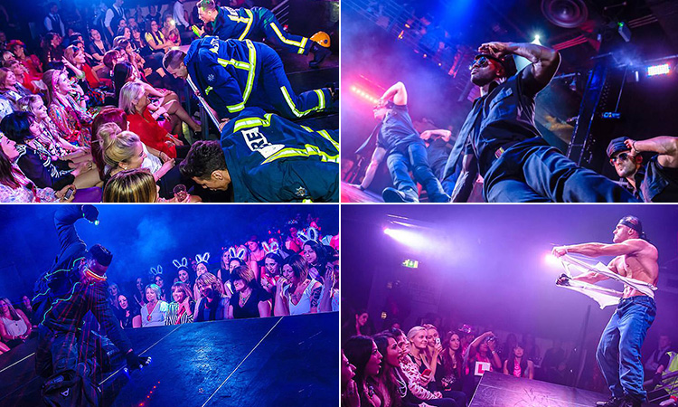 Four tiled images - including a man ripping his shirt off to the crowd, four firemen bending down to a crowd, two men dancing on stage and a man dancing with lights coming out of his goggles