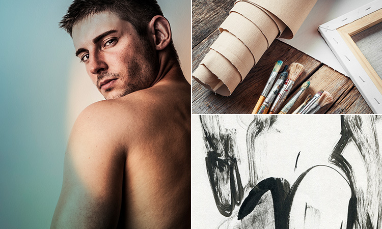 Three tiled images - including a semi-naked man looking back towards camera, a roll of brown paper next to the paintbrushes and a sketch