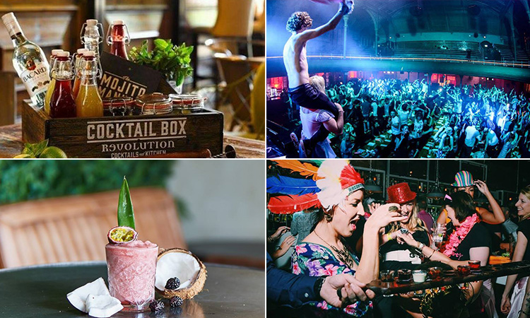 Four tiled images - including one of a Revolution cocktail box, one of a man on someone's shoulders and shouting to a big crowd, one of a cocktail next to a cut up coconut, and women in funny headdresses and drinking from a vodka train