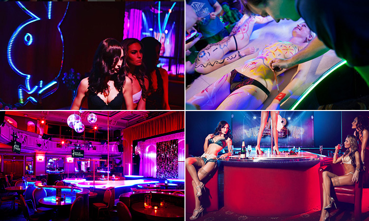 Four tiled images - including one of men painting semi-naked women, one of the interior of Goldfingers, one of women in underwear sat around a bar and one of three women posing next to a Playboy sign