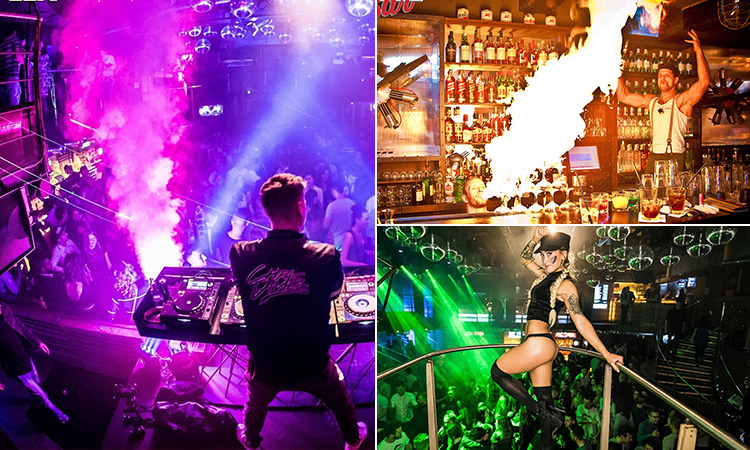 Three tiled images - including one of the back of a DJ performing to a crowd to a purple backdrop, a semi-naked dancer posing above a crowd in a club, and a bartender setting fire to drinks