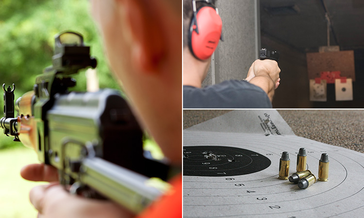 Three tiled images - including two of the back of men shooting guns in a range, and one of bullets on a target sheet