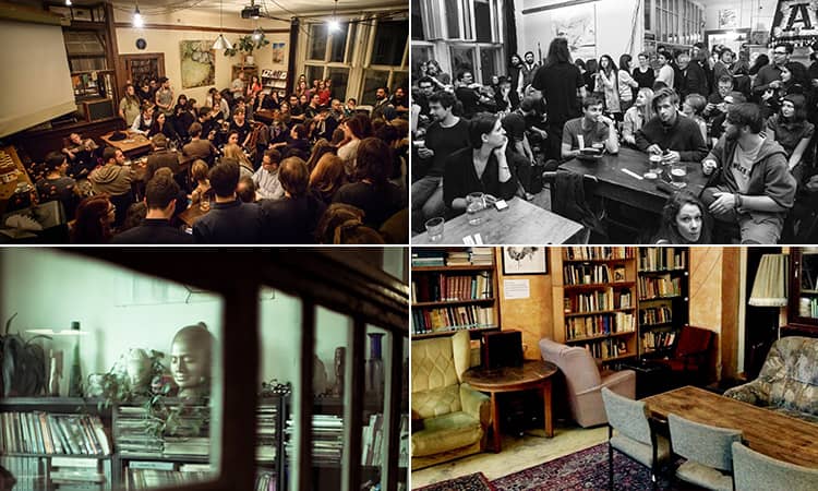 Four tiled images - including one of a room visible through a window, two of people sat in Unijazz, Prague, and one of an empty room filled with furniture