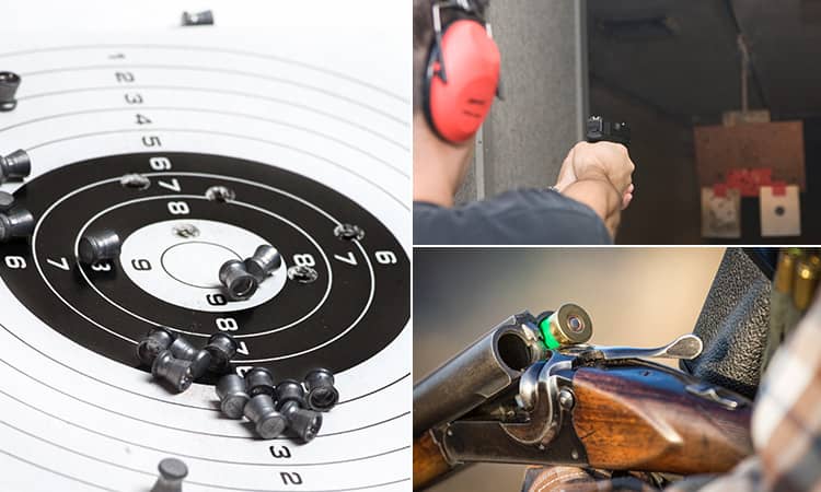 Three tiled images of a target with shells on, a shotgun and a man aiming a hand gun