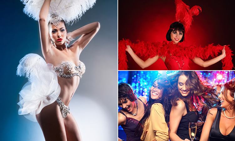 Three tiled images - including one of a woman in diamante bra and knickers and in a feathered headdress, one of a woman holding up a red feather boa whilst wearing a red headdress and four women dancing at a bar