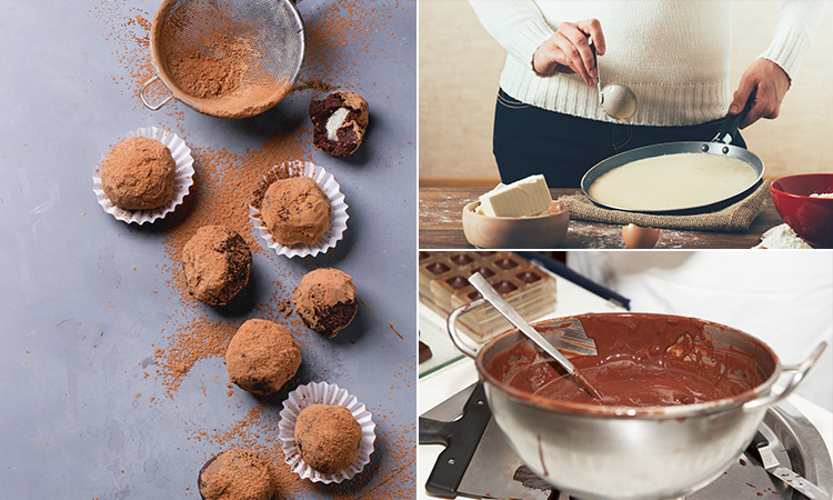 Three tiled images - including one of chocolate bonbons in cupcake cases next to a sieve covered in cocoa powder, a woman melting chocolate in a pan, and a bowl of melted milk chocolate