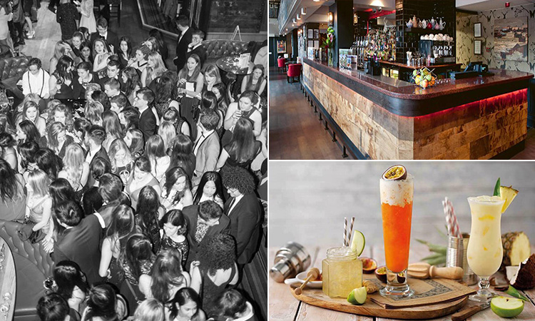 Three tiled images - including a black and white image of people in Missoula, Manchester, the bar at Missoula and various cocktails served on a wooden board