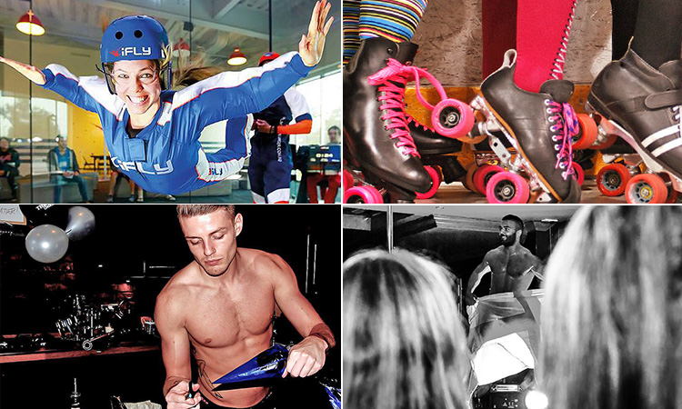 Four tiled images - including one of a woman indoor skydiving, one of a semi-naked man piping chocolate, an image from the crowd watching a man strip on stage, and three women's legs in roller skates