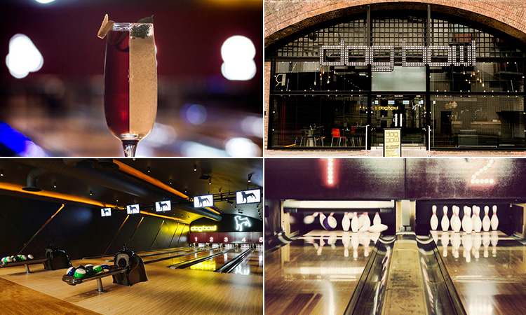 Four tiled images - including one of a cocktail with a red side and a white side, two of the bowling alleys at Dog Bowl, Manchester, and one of the exterior of Dog Bowl