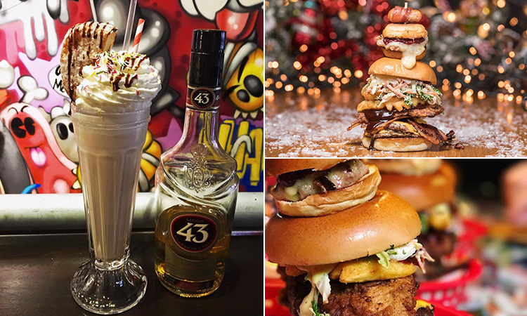 Three tiled images - including two of dirty burgers at Almost Famous, and an alcoholic milkshake next to a bottle of whisky