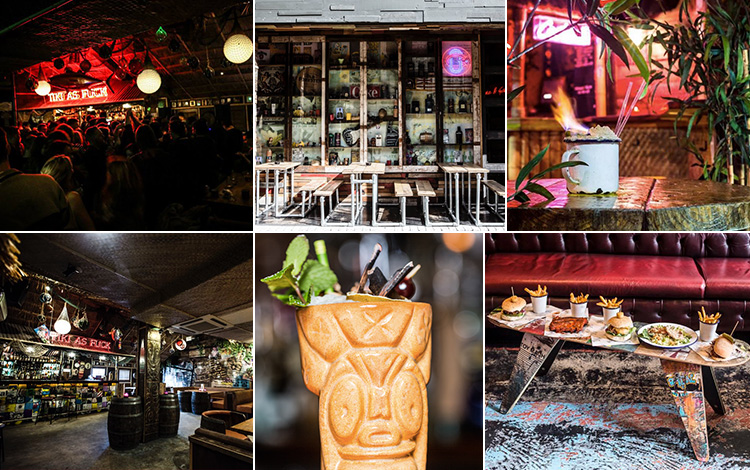 Six tiled images - including one of a Zombie cocktail, the interior and exterior of Cane & Grain, people in the club, a flaming cocktail surrounded by greenery, and food on a coffee table