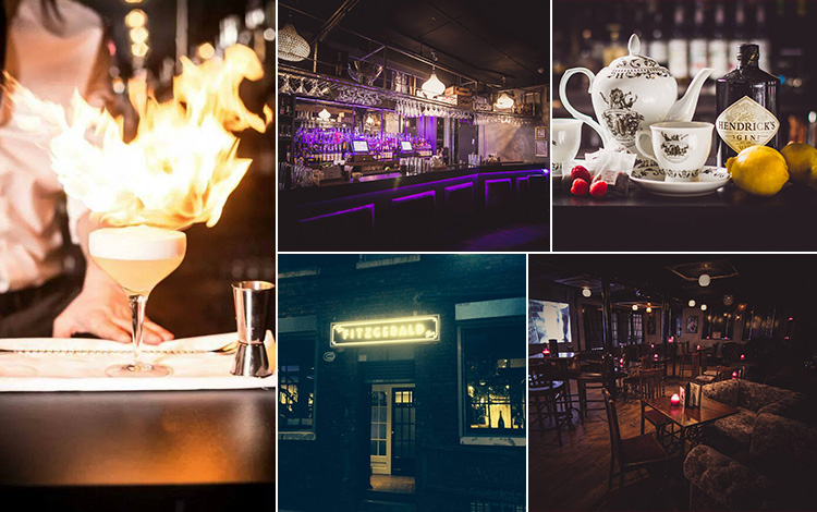 Five tiled images - including one of a flaming martini cocktail, two of the interior of The Fitzgerald and one of the exterior, and teapot cocktails