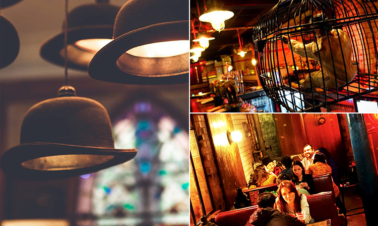 Three tiled images - including one of bowler hat lights hanging from the ceiling, one of people sitting in the booths and one of a doll sat in a cage above the bar