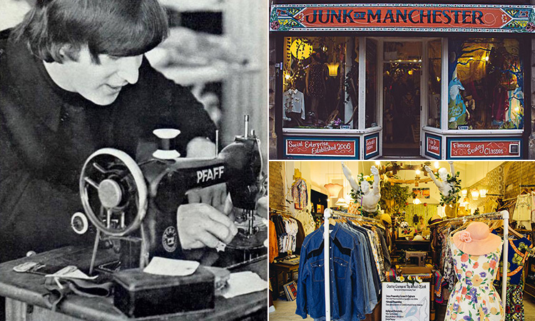 Three tiled images - including a black and white image of a woman working on the sewing machine, the exterior of Junk Shop, Manchester, interior of the Junk Shop