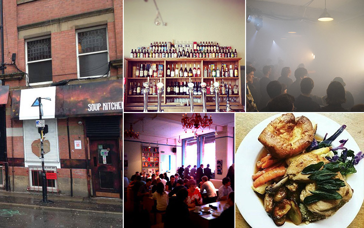 Six tiled images - including one of the exterior of Soup Kitchen, Manchester, one of the bar, people sat at tables in the canteen, a plate of Sunday dinner and people in the club