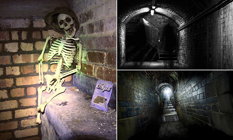 Three tiled images - including one of a fake skeleton sat on a shelf, and two of underground tunnels