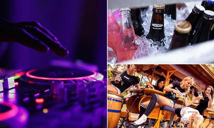 Three tiled images of a DJ's hand on the decks, some beers in an ice bucket and some girls on a beer bike