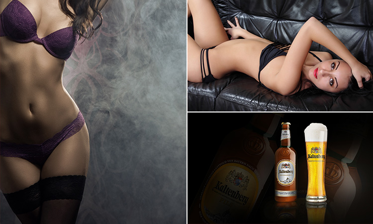 Three tiled images of two strippers and some locally brewed beer