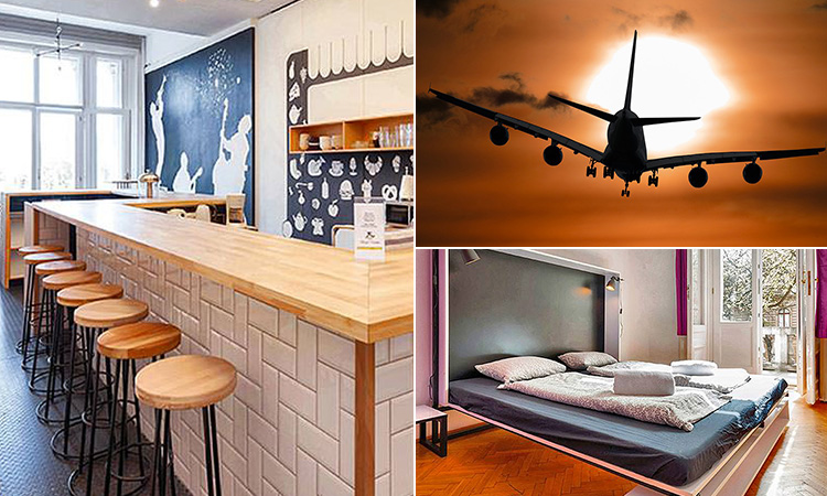 Three tiled images of the bar area and a bedroom in Adagio 1.0 hostel and a plane travelling in an orange sky