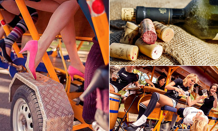 Three tiled images of some women's legs pedalling a wine bike, lots of wine bottle corks and some girls on a beer bike