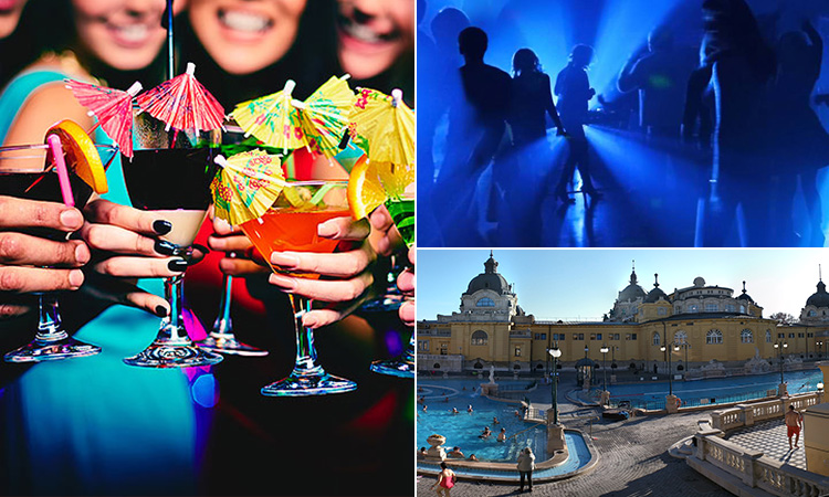 Three tiled images of some women clinking their glasses together, people dancing in a club and Szechenyi Thermal Baths