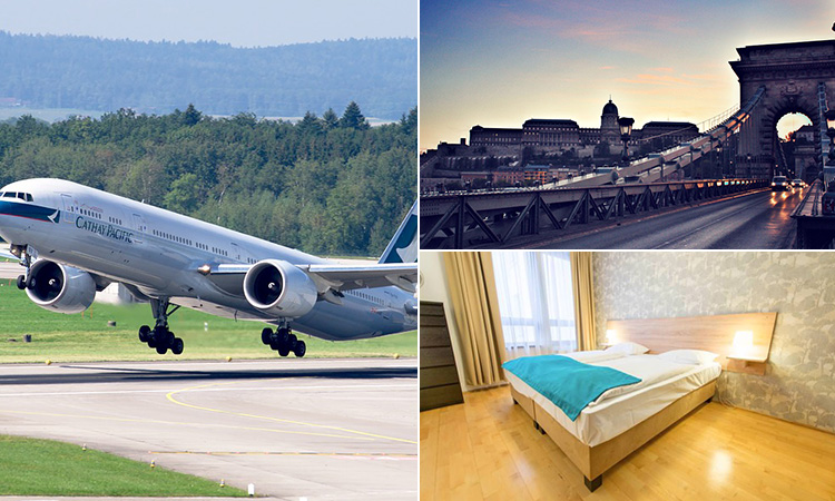 Three tiled images of a plane taking off, a hotel room in Mango aparthotel and a bridge in Budapest
