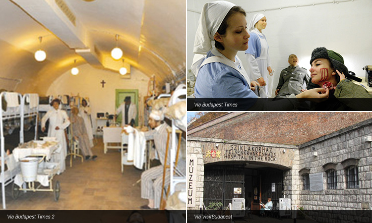 Three tiled images of The Hospital in the Rock in Budapest, with mannequins acting as nurses and patients