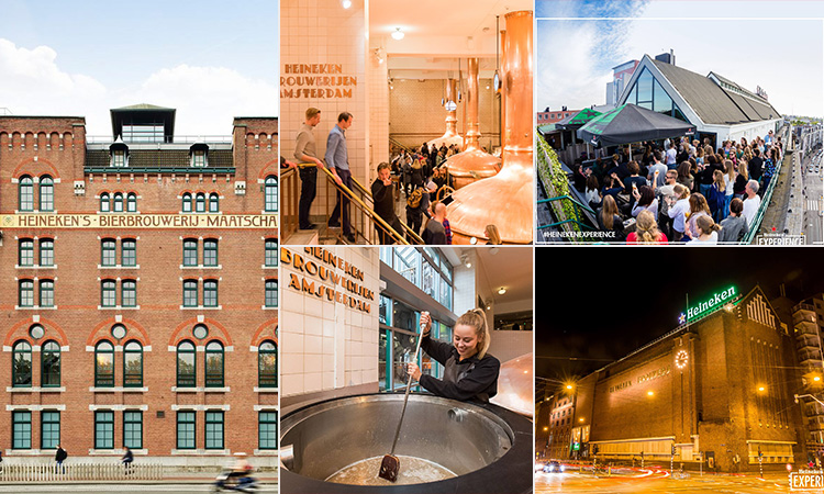 Five tiled images - including two of the exterior of the Heineken Brewery, one of a woman stirring a vat of beer, one of people on the roof of the brewery and another of people inside the brewery