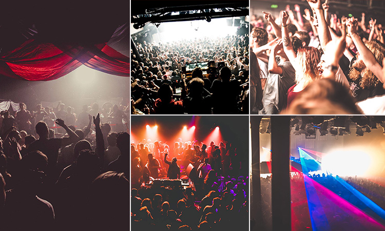 Five tiled images of Amsterdam nightlife - including four of people on the dance floors of different cubs, and one of pink and blue strobe lights over a crowd in a club