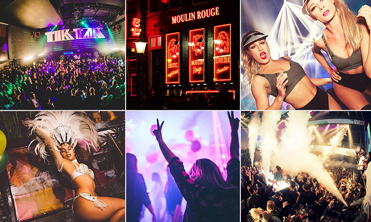 Six tiled images of Amsterdam nightlife - including three of people in clubs, one of two women in underwear, one of a woman in a burlesque costume and another of the exterior of Moulin Rouge, Amsterdam