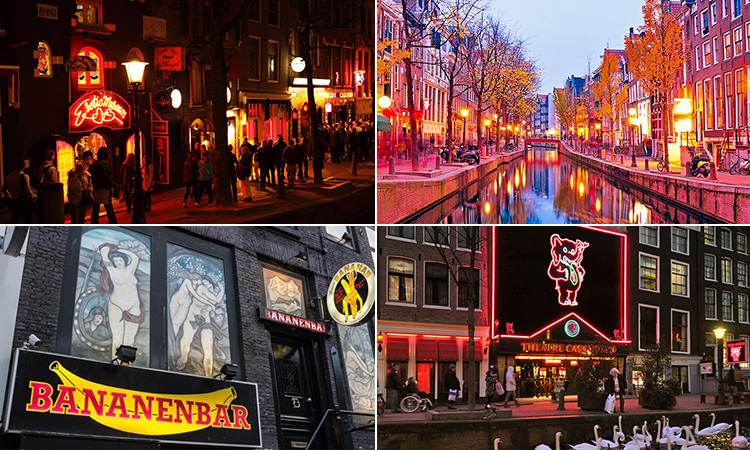 Four tiled images of Amsterdam's Red Light District - including three of the exterior of bars and one of a canal with red light windows lining either side