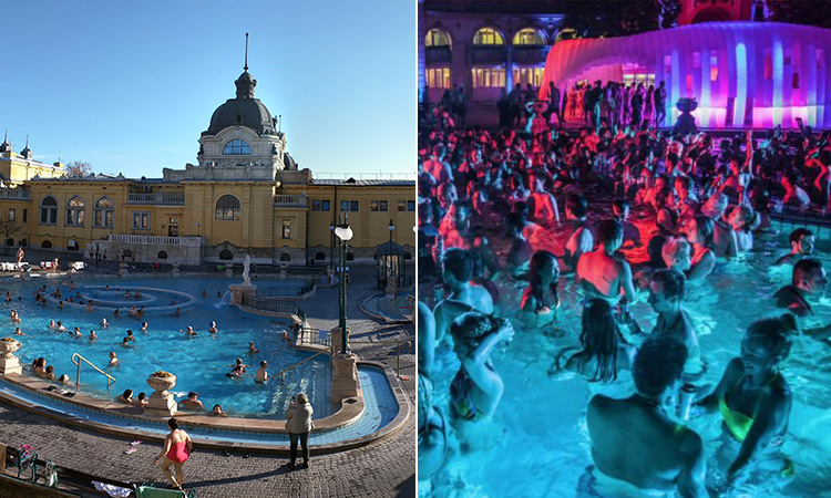 TTwo tiled images of Szechenyi thermal baths, one during the day and one at night